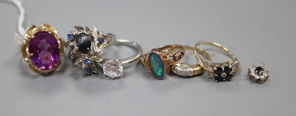 Two 9ct gem set rings, gross 5.5 grams, a 10k gem set ring, a 9ct gem set small pendant, gross 0.5 grams and two 925 rings & 1 other.